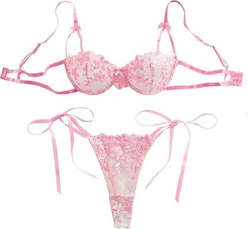 Lilosy Sexy Tie Side Cute Underwire Push Up Strappy Embroidered Mesh Sheer Lingerie Set, S