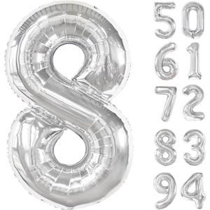 Silver 8 Balloon, Number Balloons 40 Inch, 8th Birthday Decorations for Boys Girls, Silver Birthday Balloons, Silver Party Supplies, Number 8 Balloon
