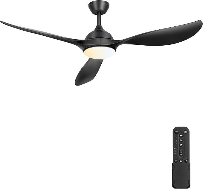 56'' Ceiling Fan with Lights - Modern 3 Blades Black Ceiling Fan with Remote, Quiet DC Motor Indoor/Outdoor Ceiling Fans for Patio, Living Room