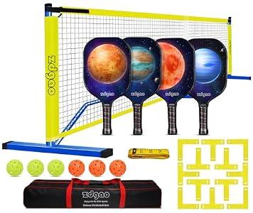 Pickleball Net and Fiberglass Paddle Set of 4, Complete System for Outdoor