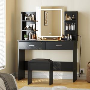 Garvee Vanity Desk with Lights | Tri-Mode LED Lighted Mirror & Charging Station | Makeup Vanity Set with 6 Shelves, 2 Drawers, Soft Cushion Stool | Dimmable Vanity Desk for Bedroom (Black)