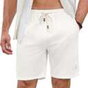 JMIERR Mens Shorts Linen Cotton 7" Casual Elastic Waist Drawstring Lightweight Summer Beach Shorts with Pockets (White, L)