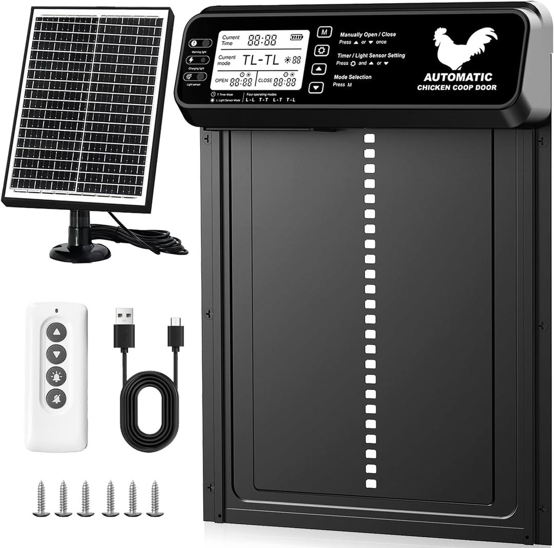 Automatic Chicken Coop Door Solar Powered with Timer/Light Sensor, Solar Chicken Coop Door Anti-Pinch, Aluminum Alloy Chicken Door | Larger Solar Panel | Higher Capacity Battery | 20M Remote Control (9.6"L x 1.93"W x 13.15"H, Black)