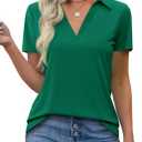Imily Bela Womens Short Sleeve Polo Shirts V Neck Business Dressy Casual Tops Summer Collared Trendy Tees (X-Large, Dark Green)