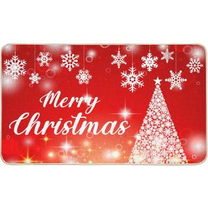 Snowflake Christmas Tree Door Mat, Red Xmas Doormat Indoor Outdoor Entrance Floor Mat, Non Slip Rubber Welcome Mats for Living Room Kitchen Home Decoration 17x29 Inch