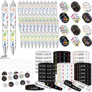 168 Pcs Cancer Awareness Themed Gift Sets Including 36 Cancer Badge Reel 36 Ribbon Silicone Bracelet Wristband 36 Ballpoint Pens and 60 Roll Stickers for Oncology Nurse, Women Decor