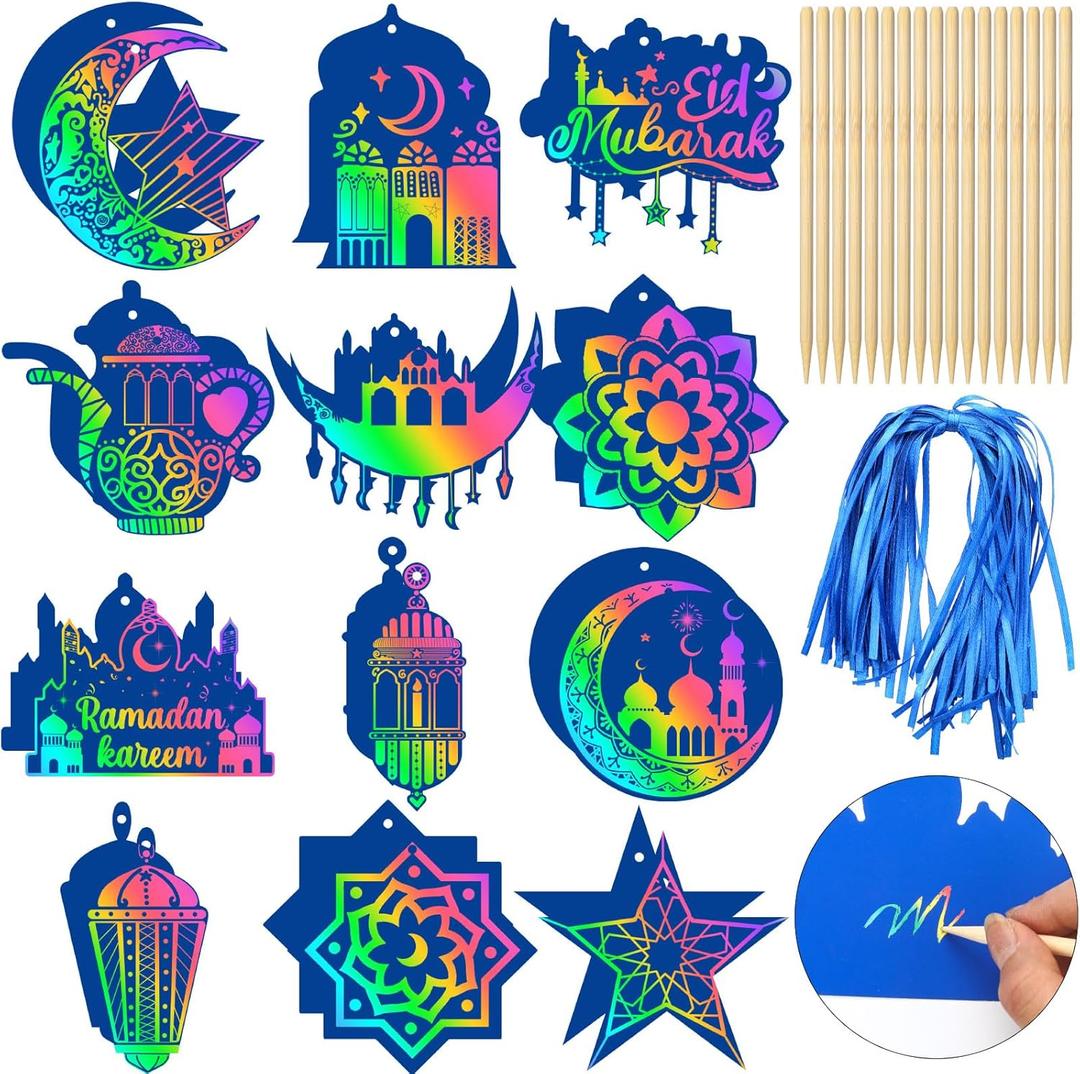 96 Pcs Eid Scratch Paper Art Kits Ramadan Magic Color Scratch Off Cards Hanging Ornaments Craft Eid Al Adha Party Home Activity DIY Drawing Project Supplies(Blue)
