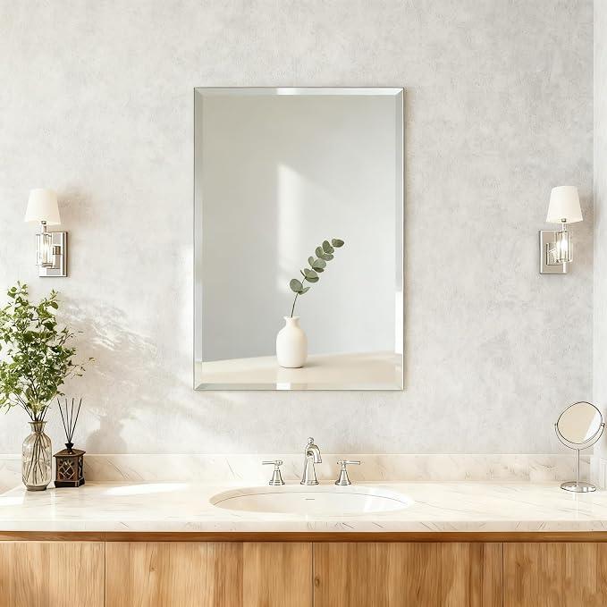 Frameless Bathroom Mirror for Wall, Rectangle Beveled Edge Mirror for Over Sink, Tempered Glass, Shatterproof, Hangs Horizontally or Vertically for Living Room, Entryway, Restroom, 24" x 16"
