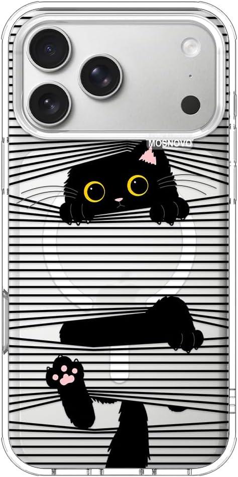 MOSNOVO for iPhone 17 Pro Max Case | Compatible with Magsafe | Military Grade 6.6ft Drop Tested | Camera Control | Clear with Hidden Black Cat Design