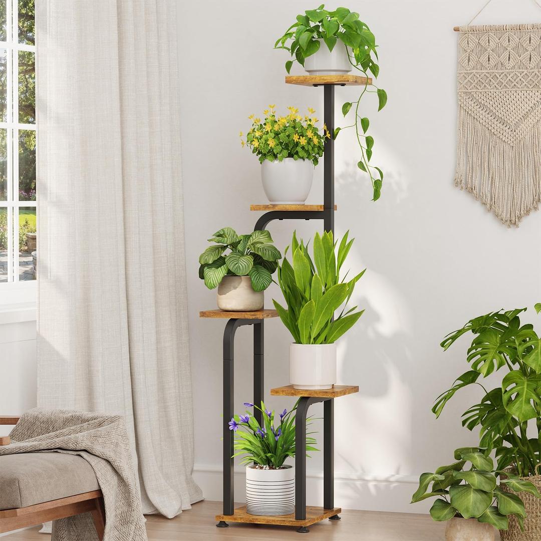 iDavosic.ly Tall Plant Stand Indoor, 4 Tier Corner Multiple Flower Holder Shelf with Wooden Trays, Space Saving Display Rack for Living Room Balcony Patio Porch Outdoor | Black & Brown