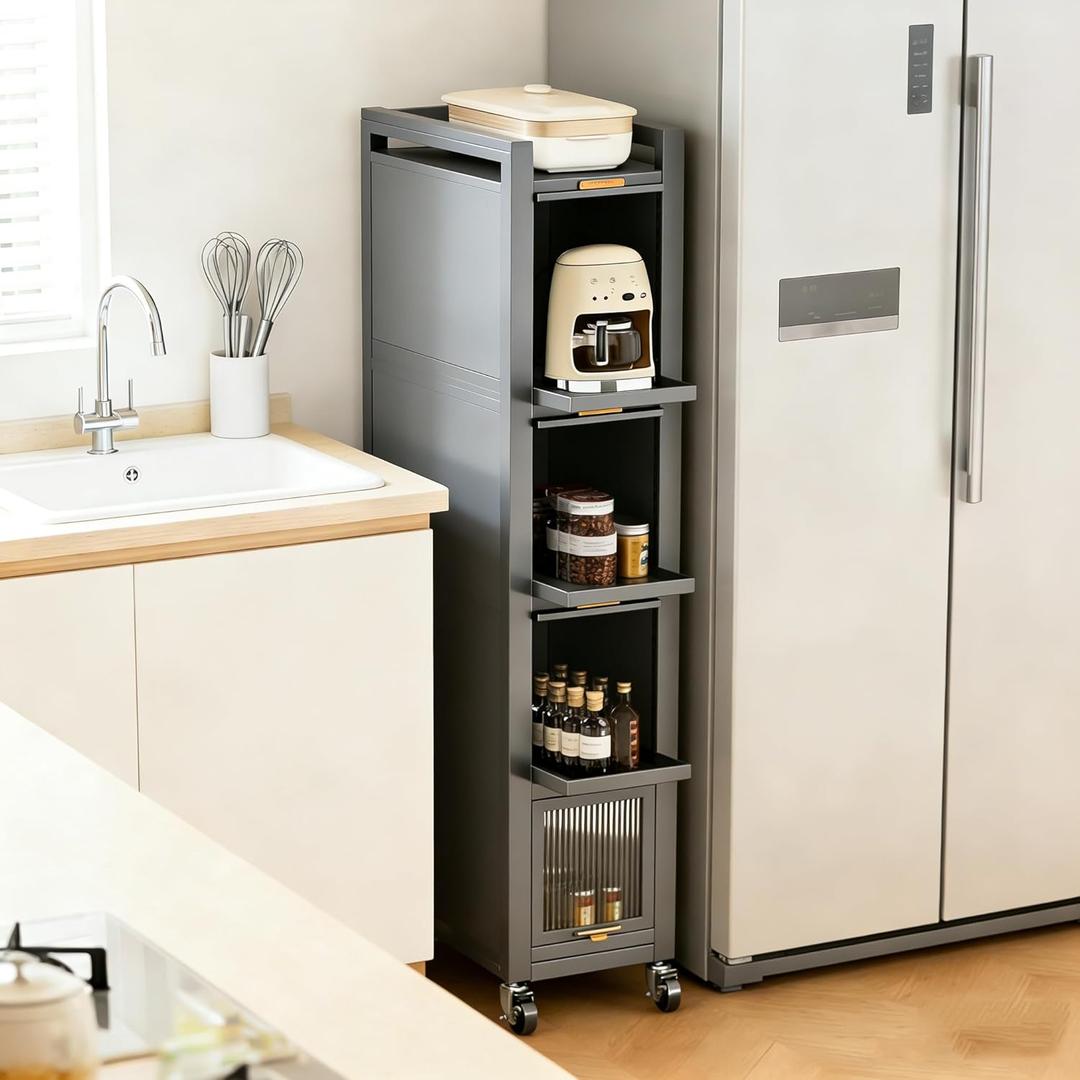 Rolling Spice Rack Next to Fridge Slim, Freestanding Narrow Tall Sideboard Shelf, with Transparent Flap Door Design, Pull Out Cabinet Organizer for Small Space Kitchen Space Saving (Grey, 5T-16cm)