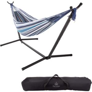 Pure Garden Double Brazilian Hammock with Stand Woven Cotton, 2-Person, Outdoor Swing with Frame for Camping, Backyard or Patio (Blue Stripes)
