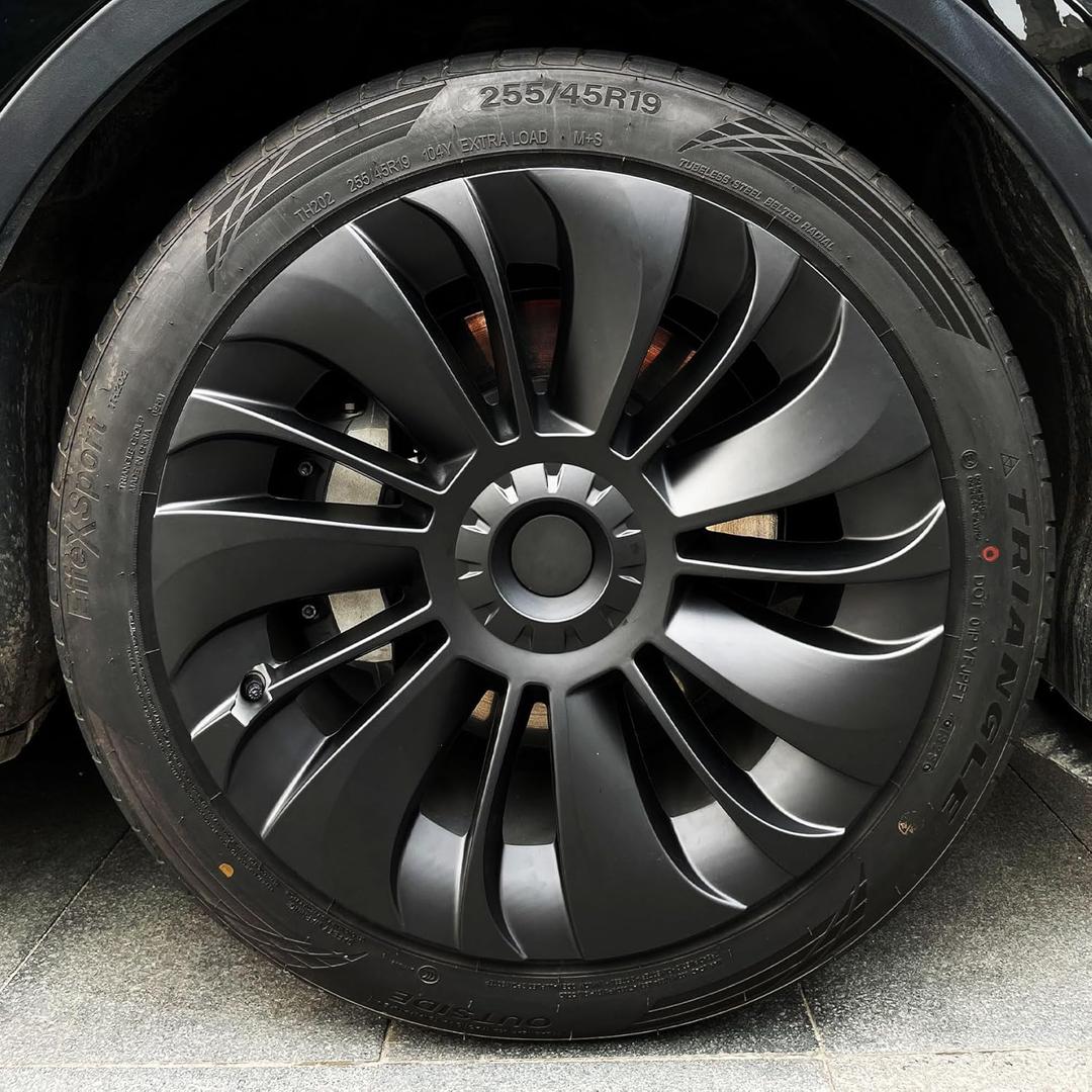 KAVANIC 4PCS Wheel Covers Fits for Model Y 19 inch Multi-Spoke Style, Matte Black ABS Hubcaps Fits for Tesla Y 19" Gemini Wheels 2020-2024, Long Range Support Logo Symmetry Design (RWD/AWD)