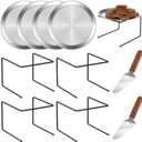 4 PCS Pizza Stand Holder, Black Metal Pizza Pan Display Stands for Buffet Restaurant Home, 4 Pizza Pan and 2 Wood Handle Pie Server