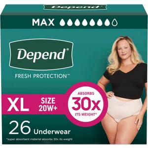 Depend Fresh Protection Adult Diapers, Incontinence & Postpartum Bladder Leak Underwear for Women, Disposable, Maximum, Extra-Large, Blush, 26 Count
