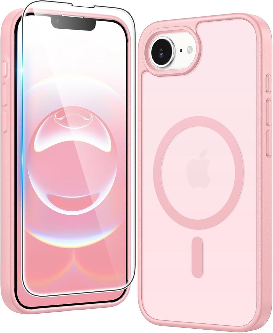FNTCASE for iPhone 17e & iPhone 16e Case Matte: Magnetic Phone Cases with Screen Protector Drop Proof Compatible with Magsafe Slim Anti Yellowing Protective Translucent Cell Phone Cover (C-Pink)