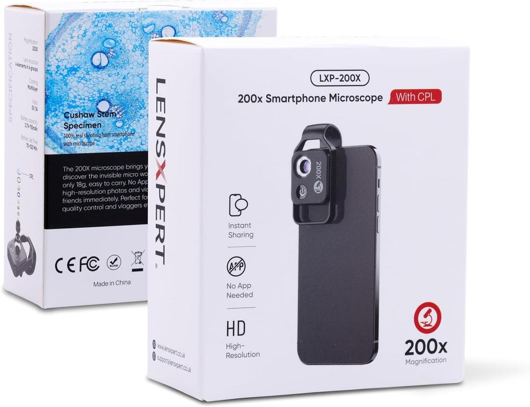 LensXpert Smartphone Microscope with LED - Portable 200x Digital Microscope for Kids and Adults - Handheld Dermatoscope and Hair Analyzer - Compatible with iPhone and Android - Black