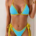Eomenie Sexy Bikini Sets for Women Halter Triangle Top Two Piece Swimsuit Tie Side Bathing Suit Color Block Swimwear (Blue, XXL)