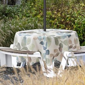Colorful Leaf Round Outdoor Tablecloth with Umbrella Hole, Table Cloth with Hidden Zipper Outdoor Party Cafe Decorative Floral Table Cover Wrinkle Free Spillproof(6-8 Seats, Blue/Green/Tan, 70" Round)