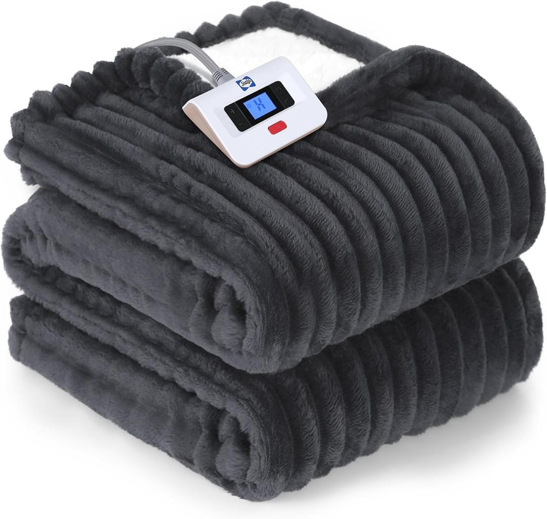 Sealy Electric Blanket Full Size, Soft Ribbed Flannel to Sherpa Reversible Heated Blanket with 10 Heat Settings & 1-12 Hours Auto-Off Overheat Protection, Machine Washable, 72"x84" Charcoal