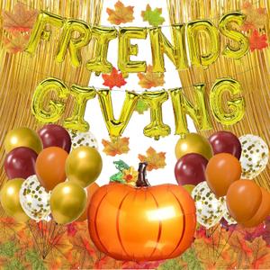 Friendsgiving Decorations 147PCS Friends Giving Party Decorations With Friendsgiving Balloon Artificial Maple Leaves Gold Foil Curtain Pumpkin Balloon For Thanksgiving Home Office Party