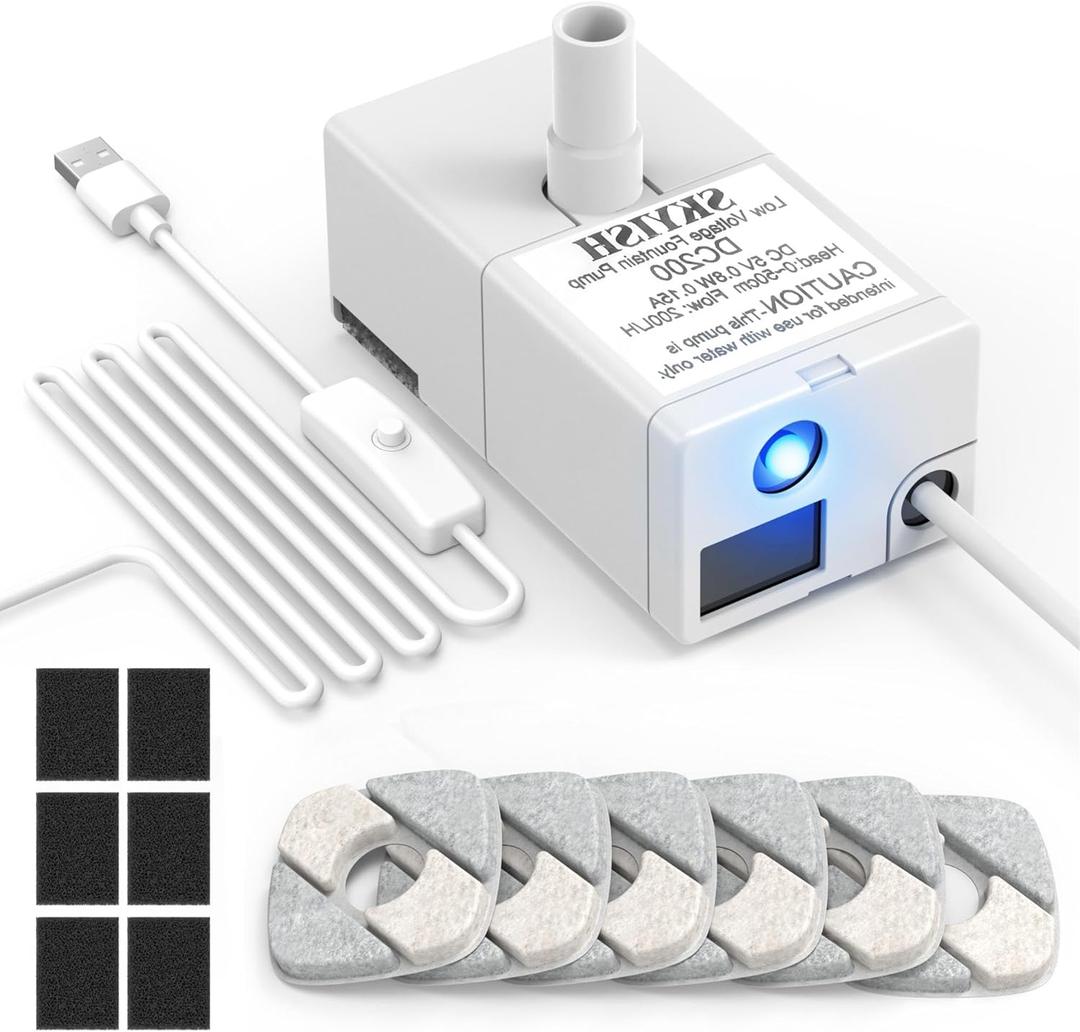 Cat Water Fountain Pump for 50oz, 95oz Fountain, Ultra Quiet, USB Cable, LED Light and 6 Pack Pet Fountain Filters