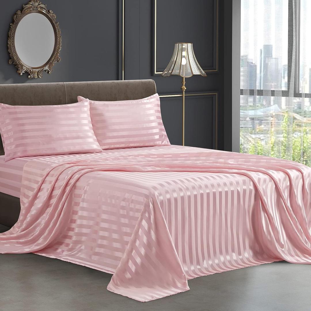 4Pcs Satin Sheets Stripe Printed Sheets, Italian Style Silky Soft Blush Pink Satin Full Bed Sheets with Deep Pocket, 1 Fitted Sheet, 1 Flat Sheet, 2 Envelope Closure Pillowcases