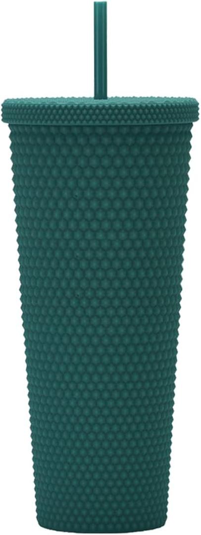 24oz Fully Studded Tumbler.Matte Greenblack Studded Tumbler with Lid and Straw.Reusable Double Walled Insulated Travel Tumbler.Plastic Acrylic Pastel Colored Tumbler Cup for Iced Coffee Smoothie. (24ozFully-Large (pack of 1))