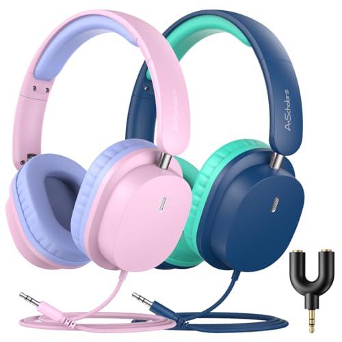 A+ Scholars 2 Pack Kids Headphones with Sharing Splitter, Stereo Sound Over-Ear Wired Headphones for Kids, Comfortable Fit, Foldable,Tangle-Free 3.5mm Jack Heaphones for School Tablet/Laptop/Computer