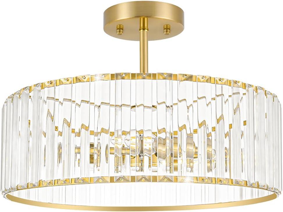 Modern Crystal Ceiling Light Fixture, Semi Flush Mount Ceiling Light, Brushed Brass Hallway Lighting Fixtures Chandelier, Crystal Chandelier for Kitchen Bedroom Dining Room Closet, 5-Light, 16 Inch