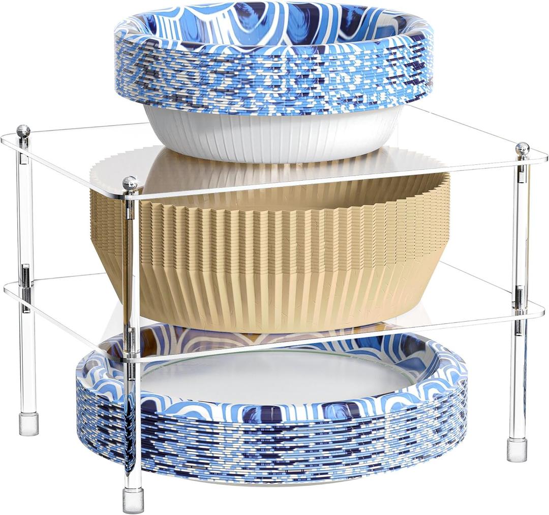 Acrylic Paper Plate and Bowl Dispenser, Space-Saving Disposable Plastic, Foam, Paper Plates & Bowls Organizer and Air Fryer Liners Storage Holder for Cabinet, Countertop, Shelf (Clear)