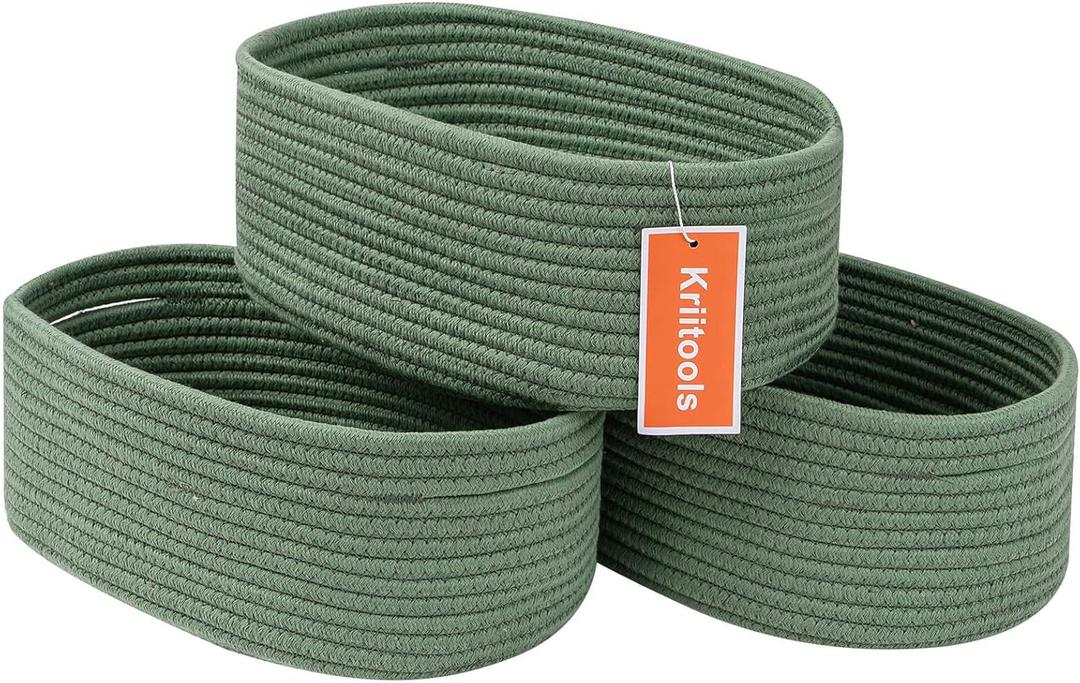 Shelf Storage Baskets for Organizing|Decorative Basket for Closet Storage|Toy Baskets&Bins|Small Woven Rope Baskets-13x8.66x5.11,Durable&Stylish,Oval 3 Packs Green