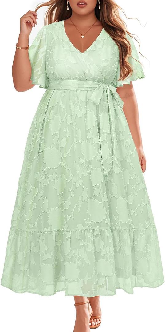 Pinup Fashion Plus Size Dresses for Wedding Guest - 2025 Cocktail Semi Formal Summer Wrap V Neck Maxi Dress (Sage Green)