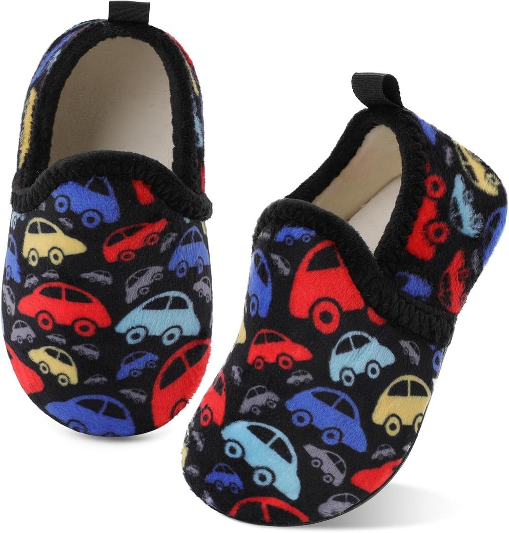 XIHALOOK Toddler Boys Girls House Slippers with Microfleece Lining Cozy Household Shoes Non-slip for Kids (8.5-9 Toddler, B Cartoon Car)