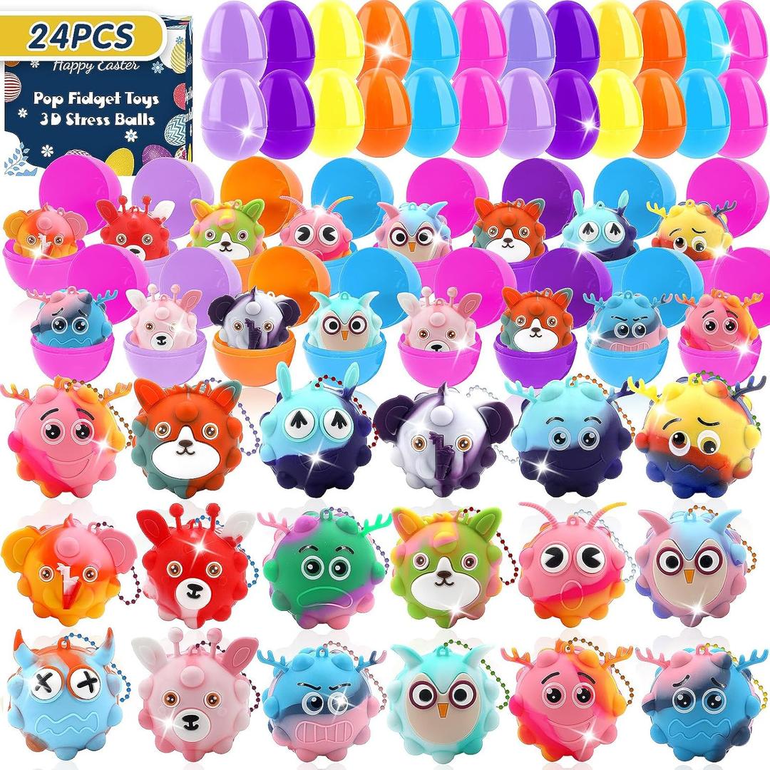 24 Pack Prefilled Easter Eggs with Toys Inside, Easter Basket Stuffers with Pop Fidget Toys Bulk Party Favors, 3D Stress Ball Toys, Egg Fillers, Classroom Prizes Stocking Stuffers for Adults Toddler