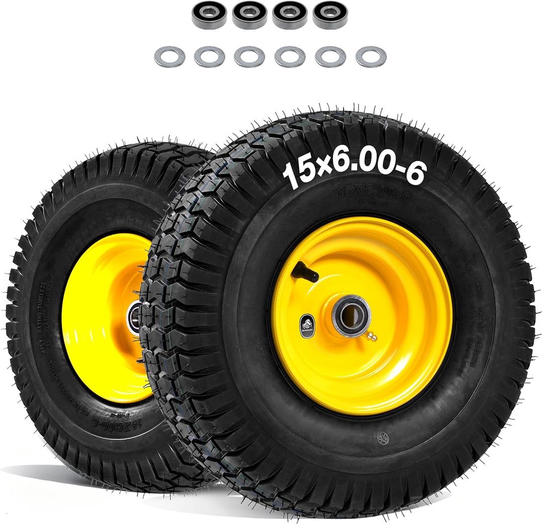 15x6.00-6 Tubeless Lawn Mower Tire and Wheel with 3/4" bearing bore, with 5/8 Bearings & Spacers, for John Deere Mower, Craftsman, Husqvarna Lawn Tractor, 570 lbs Capacity, 4 Ply, 2 Pack