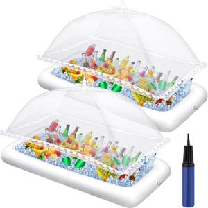Leitee Inflatable Serving Bar Kit Includes Salad Buffet Tray with Drain Plug Mesh Food Cover Food Drink Containers and Inflator for Ice Supplies Party Camping Summer Picnic(White)