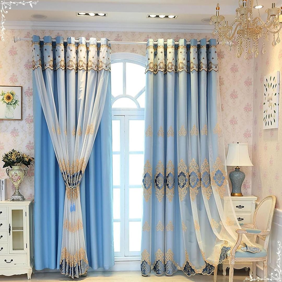 Beydodo Bedroom Blackout Curtains 84 inches Long, Living Room Curtains for Windows 2 Panel Sets Solid Blue with Embroidered Sheer, Polyester Curtains Grommet 40 x 84 inch