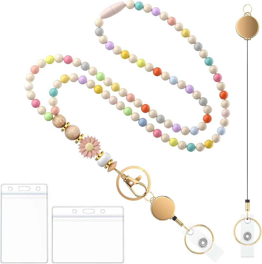 Uniclife Teacher Lanyard with ID Holder, Badge Lanyards for Women, Wooden Beaded Lanyard, Retractable Breakaway Lanyards for ID Badges and Keys, Cute Keychain Lanyard