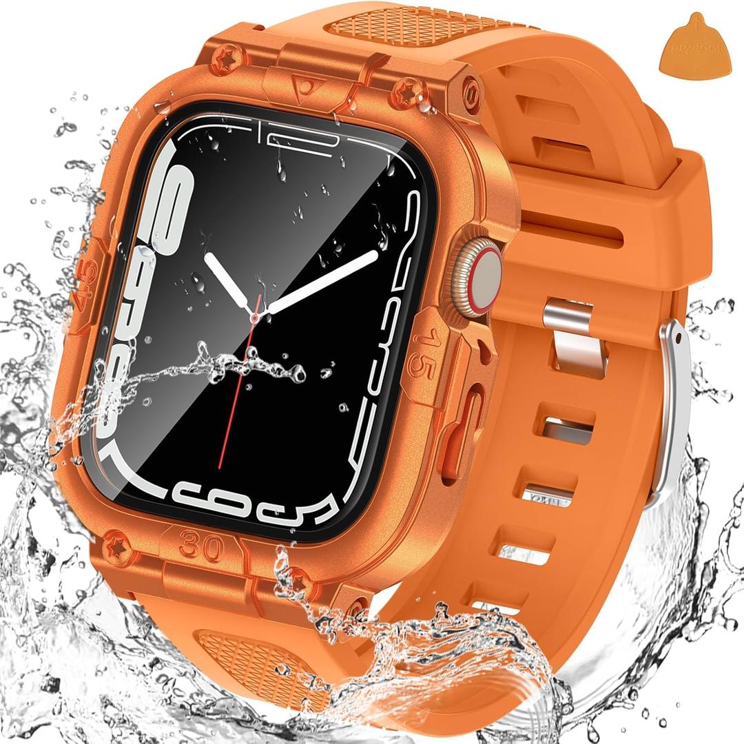Goton 3 in 1 Waterproof Case with Band for Apple Watch with Built-in Tempered Glass Screen Protector 44mm, 360 Shockproof Bumper Face Cover with Band for Apple Watch SE 3/SE 2/SE, Series 6/5/4, 44mm (Orange)
