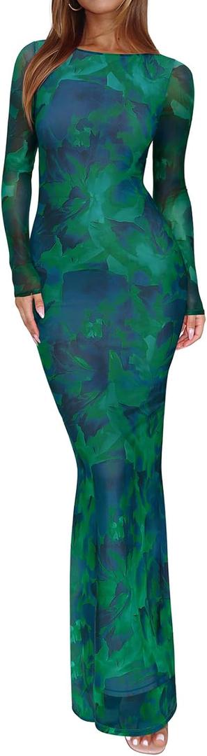 REORIA Women's Spring Mesh Sheer Long Sleeve Wedding Guest Dress Sexy Floral Bodycon Maxi Long Dresses (Medium, Green Bio Tech Floral)
