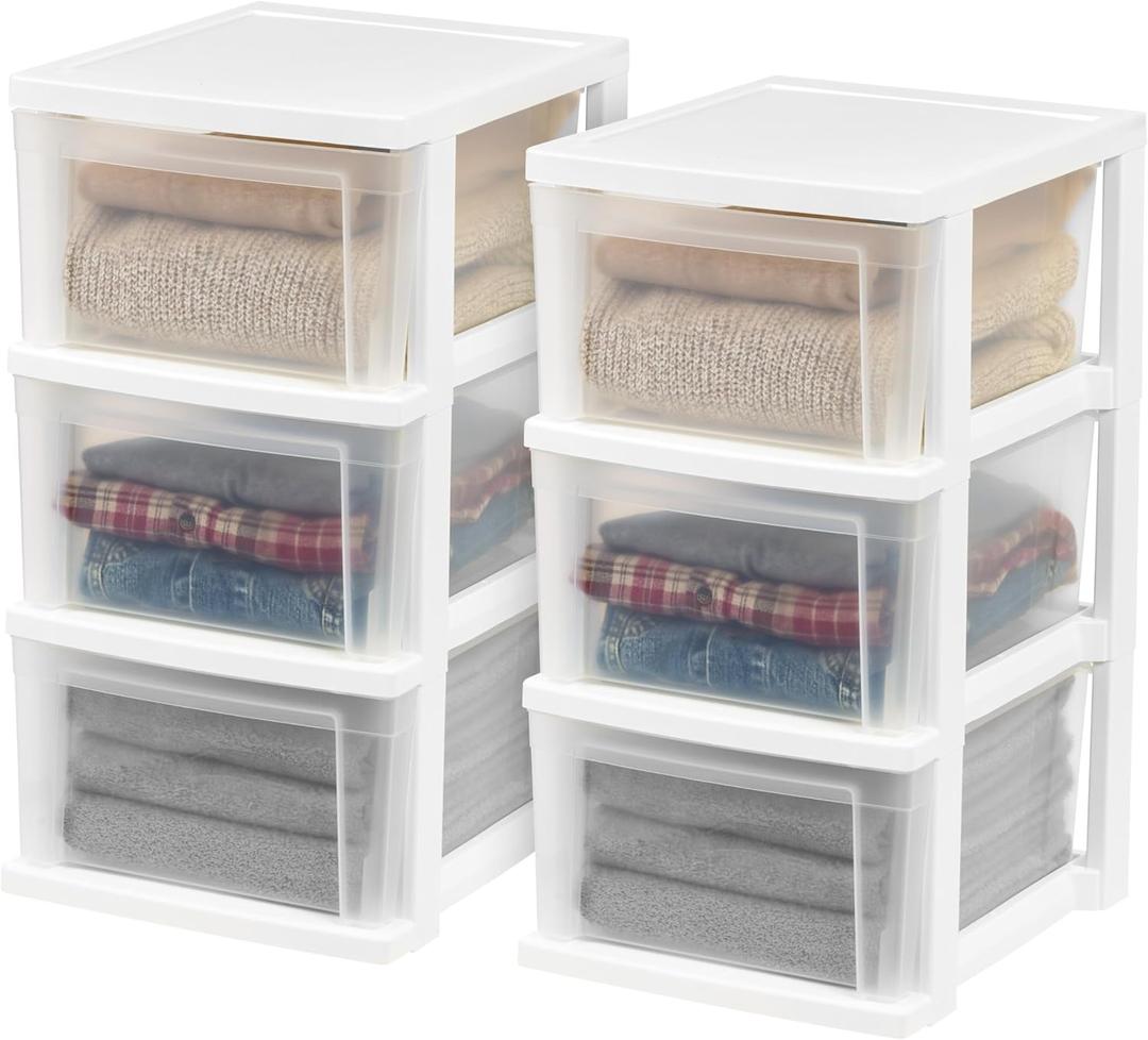 IRIS USA Plastic Drawer Storage Organizer, 3-Drawers, 2-Pack, for Classroom Art Craft Supplies, Bathroom Bedroom, Laundry Room, White/Clear