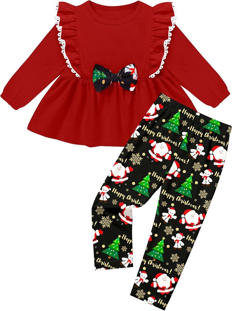 ZAANTI Baby Toddler Girl Clothes Long Sleeve Ruffle Bow Top Girls' Clothing Sets&Floral Print Pants Fall Winter Outfit 12M-4T (18-24 Months, Red and Black)
