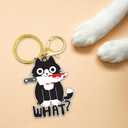 7 x DongNaiWin Glittery Cat Keychain with What? Text, Gold and Black