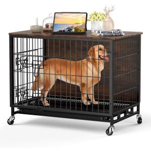 Dog Crate Furniture, 27" Dog Kennel End Table, Wooden Dog Cage with Wheels & Double Doors, Dog Crate Indoor Dog House for Large Medium Dogs, Rustic Brown (30.7"L x 22.8"W x 7.1"H)