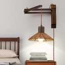 Wood Plug in Wall Sconces, Swing Arm Wall Lamp with Dimmable On Off Switch, Vintage Wall Mounted Light Fixture with Cord for Bedroom Nightstand Bedside Reading Lamp - Bulb Included (Brown)