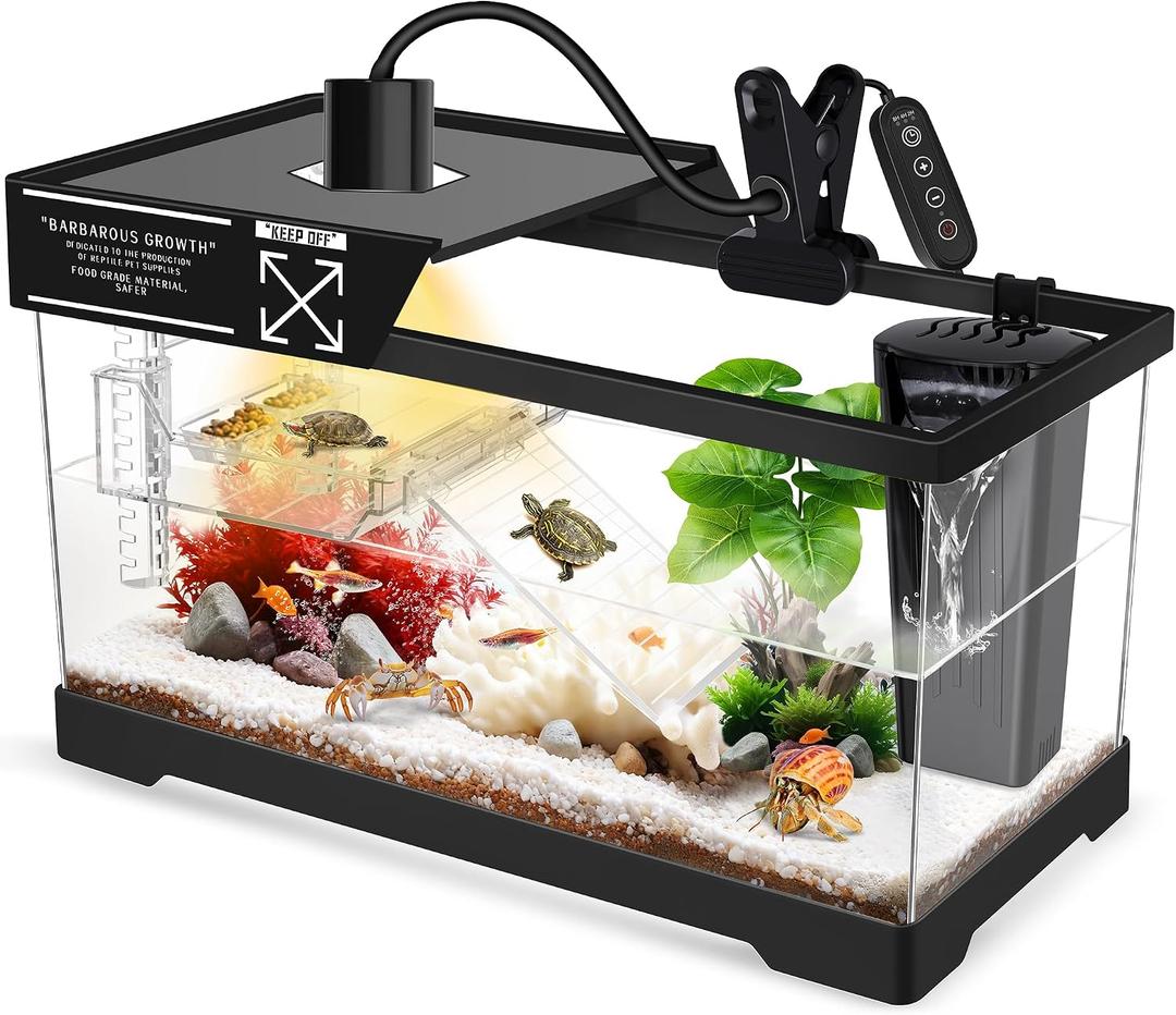 GOZILLA Aquatic Turtle Tank+Lamp+Filter Kit, Upgrade PC Turtle Tank Starter Kit with Adjustable 360Lamp & Filter,Reptile Habitat Lid,Hanging Platform for Small Reptiles.(15.757.99''/Black)
