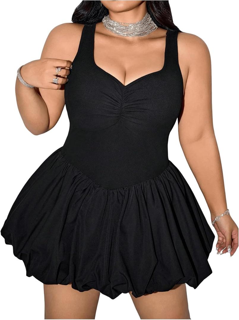 MakeMeChic Women's Plus Size Sleeveless Bubble Dress Ruched Rib Knitted A Line Mini Dresses 66