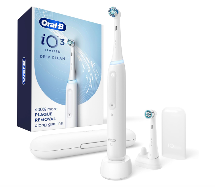 OralB iO Deep Clean Rechargeable Electric Toothbrush, White, iO Series 3 Limited, 2 Brush Heads, Travel Case, Pressure Sensor, 3 Cleaning Settings, 2Minute Timer