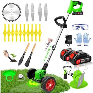 Electric Weed Wacker Eater Cordless Battery Powered, Weed Trimmer 21V Lightweight No-String with 2 Battery Operated & Wheels, 3 in 1 Stringless Grass Trimmer/Edger/Brush Cutter for Garden Yard Lawn